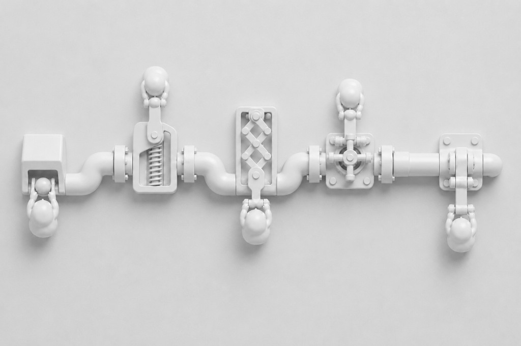 Monochrome illustration of the full pipe assembly — systems kept running