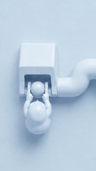 Monochrome illustration of a figure holding onto a pipe joint