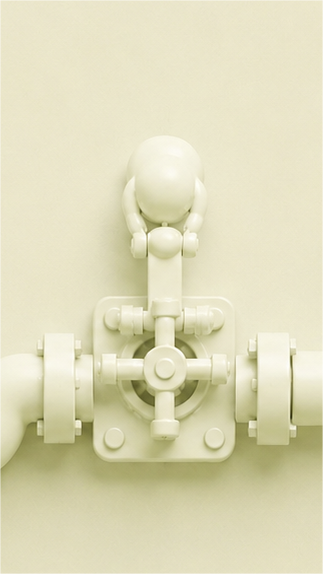 Monochrome cream illustration of a cross-handle valve on a pipe