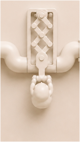 Monochrome illustration of a scissor linkage with a figure hanging on